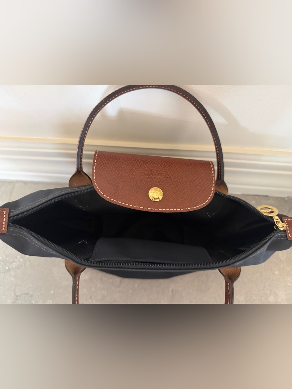 Longchamp Le Pliage Charcoal Nylon Brown Leather Top Handle Bag - Picture 5 of 12